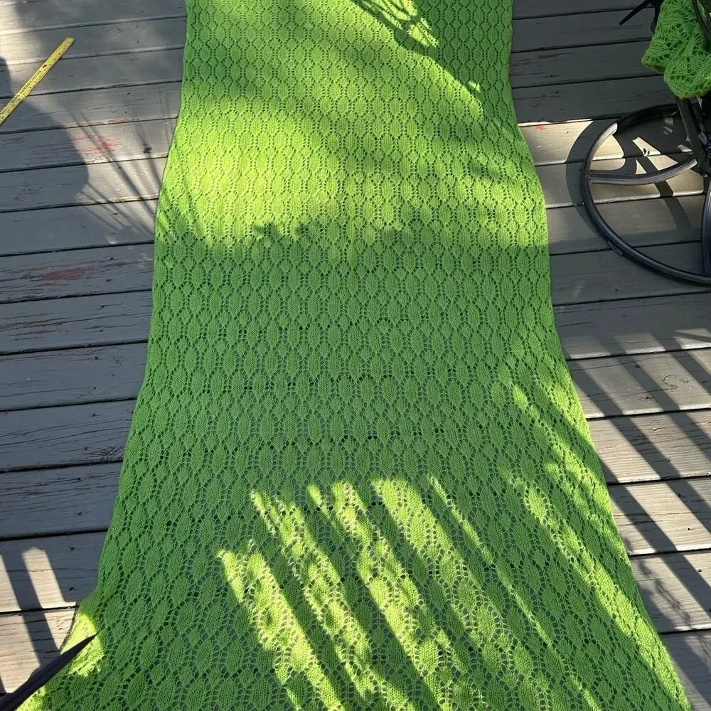 Mohair Wool Crochet Blanket lime green Hand Made Diamond Knit Throw 44x90” shawl